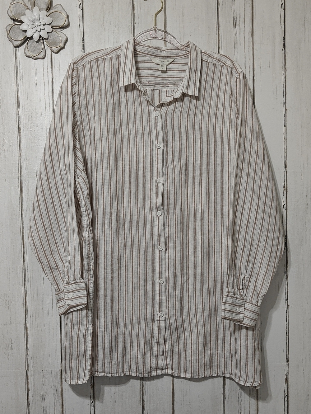 Garnet Hill Beige and Brown Striped Linen-Blend Button-Down